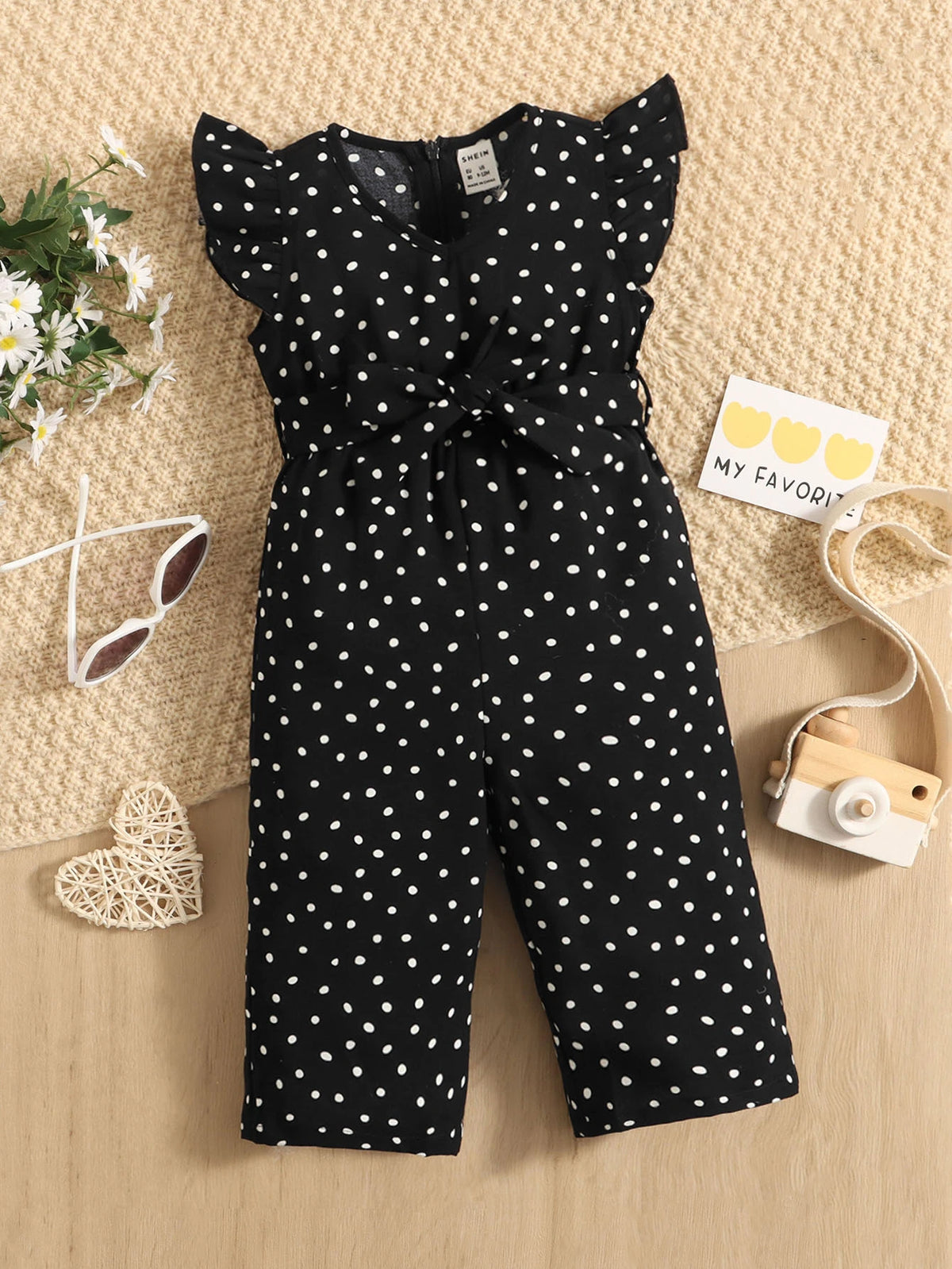 Baby Polka Dot Ruffle Sleeve Belted Jumpsuit