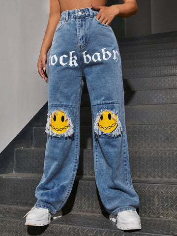 Letter & Figure Graphic Jeans