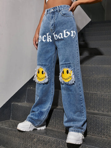 Letter & Figure Graphic Jeans