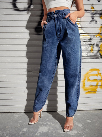 High Waist Slant Pocket Mom Jeans