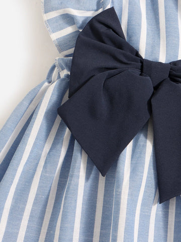 Baby Vertical Striped Bow Front Ruffle Sleeve Dress