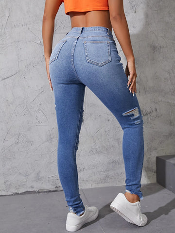 High Waist Ripped Moustache Effect Skinny Jeans