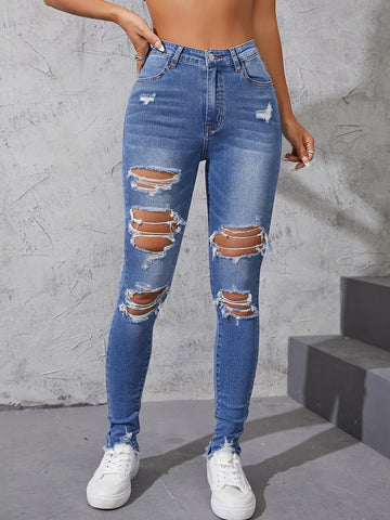 High Waist Ripped Moustache Effect Skinny Jeans