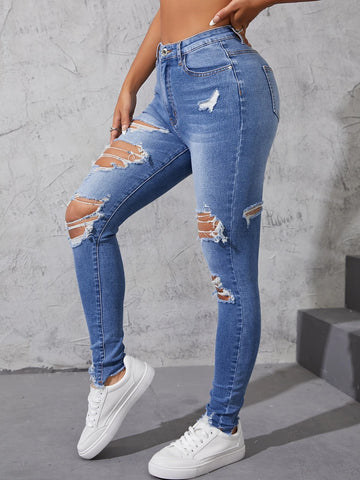 High Waist Ripped Moustache Effect Skinny Jeans