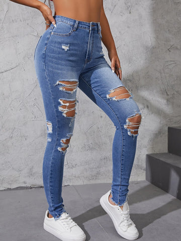 High Waist Ripped Moustache Effect Skinny Jeans