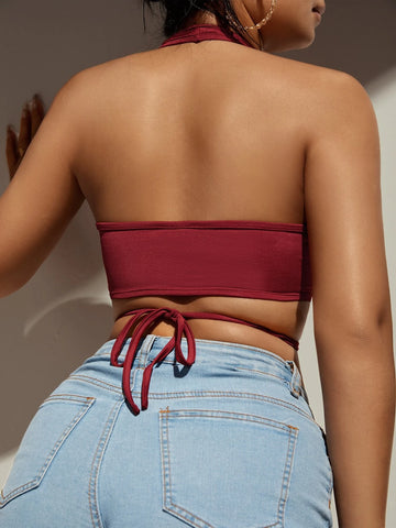 Plunging Neck Tie Backless Crop Halter Top