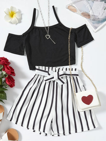 Girls Cold Shoulder Tee With Striped Belted Shorts