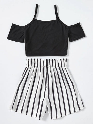 Girls Cold Shoulder Tee With Striped Belted Shorts