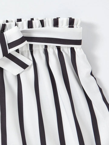 Girls Cold Shoulder Tee With Striped Belted Shorts
