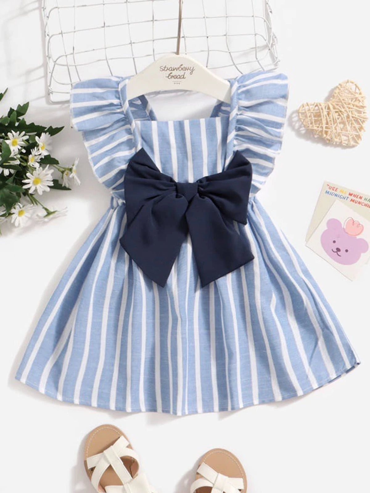 Baby Vertical Striped Bow Front Ruffle Sleeve Dress