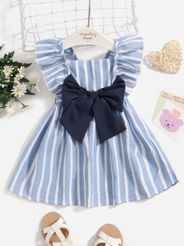 Baby Vertical Striped Bow Front Ruffle Sleeve Dress