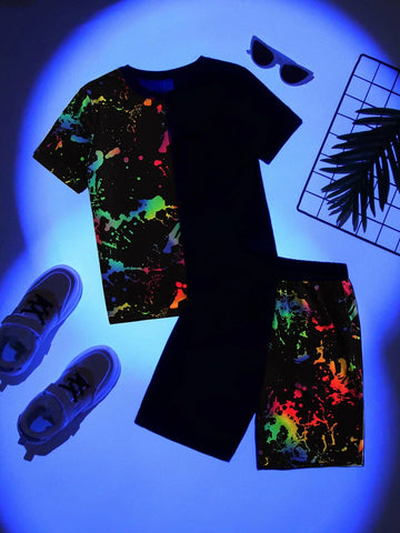 Boys Reflective Splattered Paint Tee & Shorts
