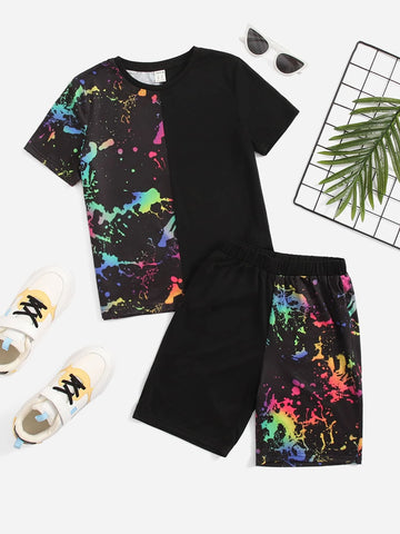 Boys Reflective Splattered Paint Tee & Shorts