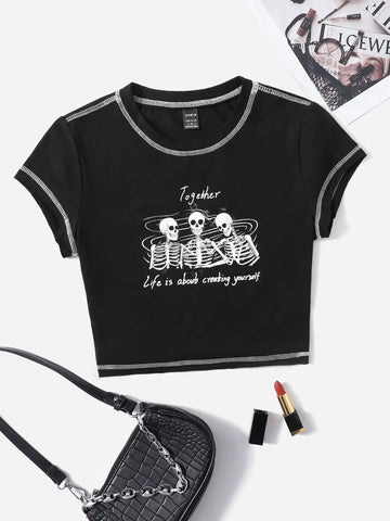 ROMWE PUNK 90s Contrast Stitch Slogan and Skeleton Print Top