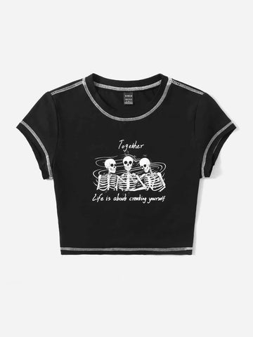 ROMWE PUNK 90s Contrast Stitch Slogan and Skeleton Print Top