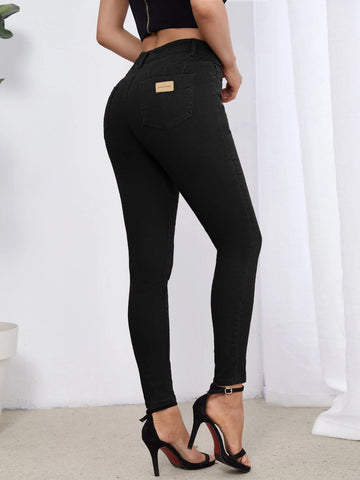 High Waist Patch Detail Skinny Jeans