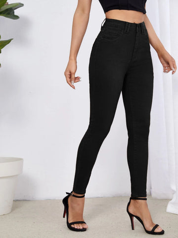 High Waist Patch Detail Skinny Jeans