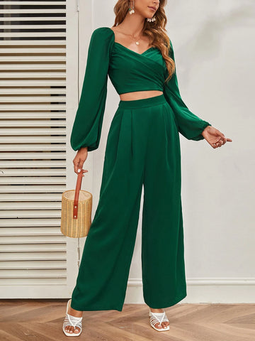 Lantern Sleeve Shirred Back Crop Top & Pants Set