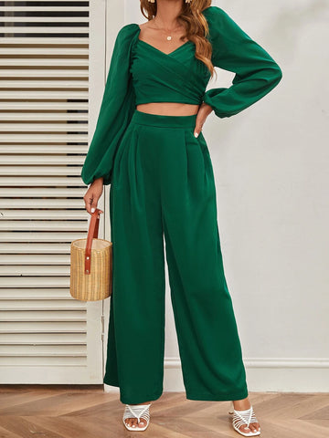 Lantern Sleeve Shirred Back Crop Top & Pants Set