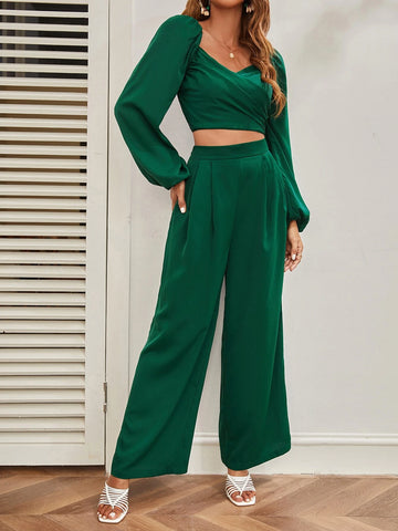 Lantern Sleeve Shirred Back Crop Top & Pants Set