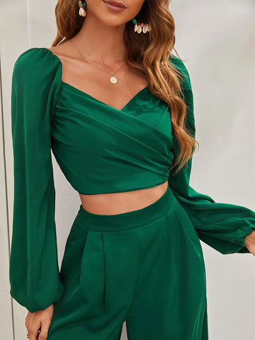 Lantern Sleeve Shirred Back Crop Top & Pants Set
