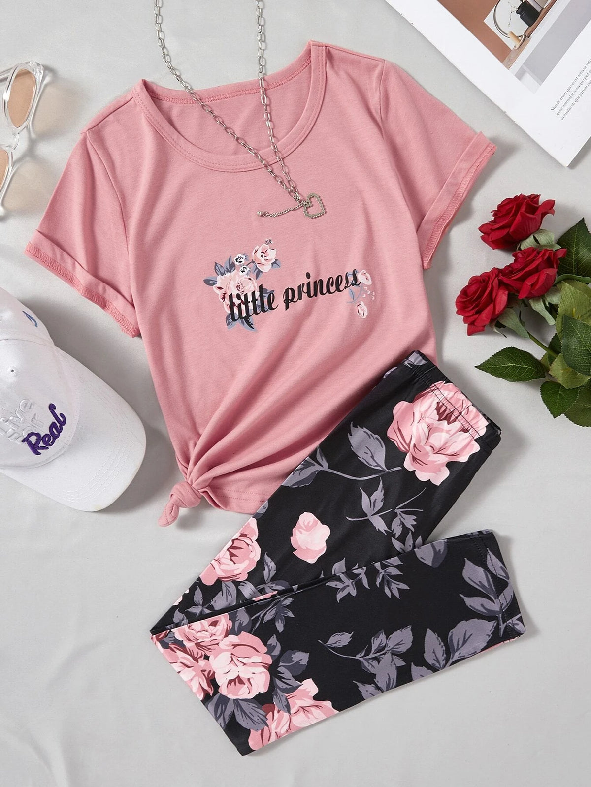 Girls Floral & Letter Graphic Tee & Leggings