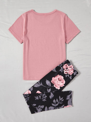 Girls Floral & Letter Graphic Tee & Leggings
