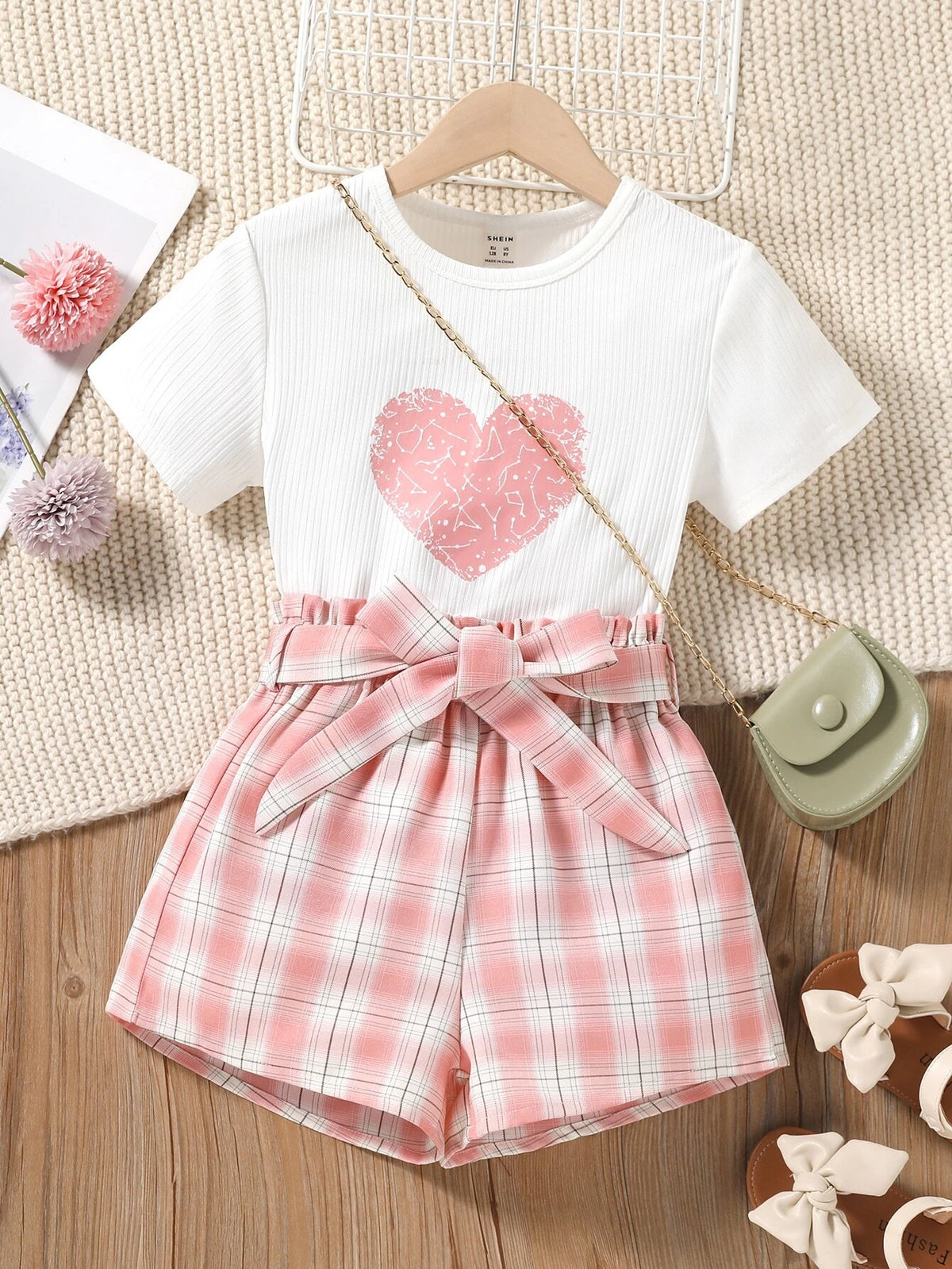 Girls Heart Print Tee With Plaid Belted Paperbag Shorts Without Bag