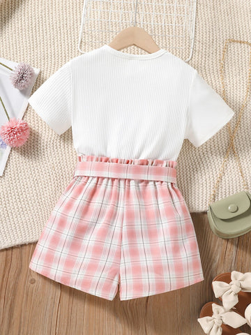 Girls Heart Print Tee With Plaid Belted Paperbag Shorts Without Bag
