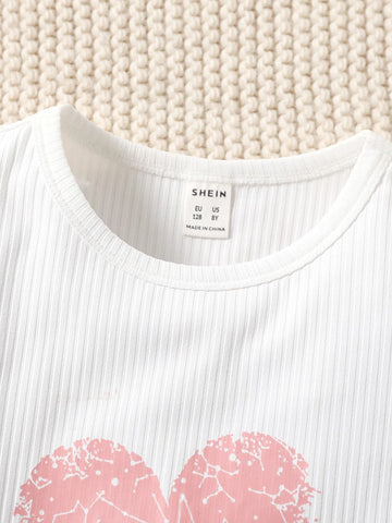 Girls Heart Print Tee With Plaid Belted Paperbag Shorts Without Bag