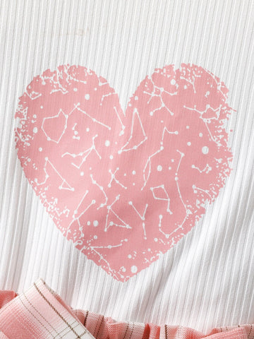 Girls Heart Print Tee With Plaid Belted Paperbag Shorts Without Bag