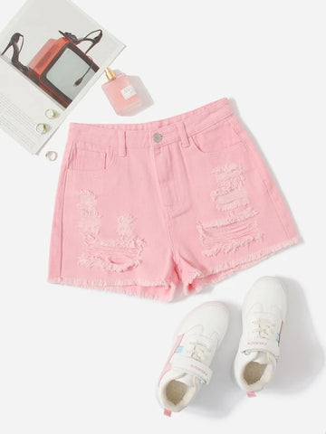 Teen Girls Ripped Raw Hem Denim Shorts