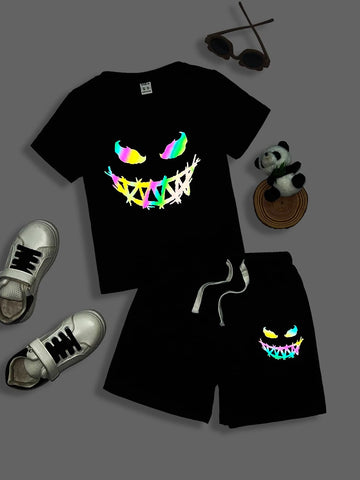 Toddler Boys Reflective Expression Print Tee & Drawstring Waist Shorts