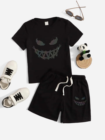 Toddler Boys Reflective Expression Print Tee & Drawstring Waist Shorts