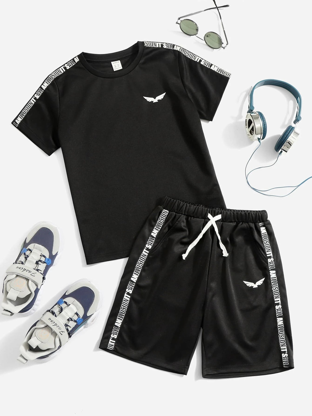 Boys Slogan Tape Tee & Drawstring Waist Shorts
