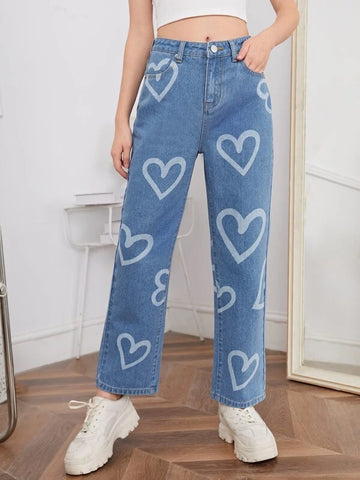Teen Girls Heart Print Jeans