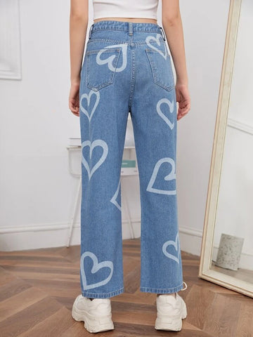 Teen Girls Heart Print Jeans