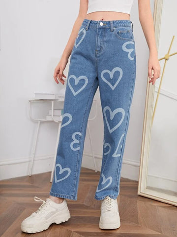 Teen Girls Heart Print Jeans