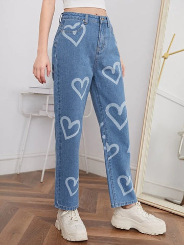 Teen Girls Heart Print Jeans