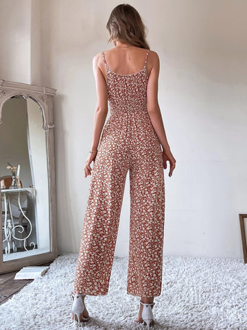 Ditsy Floral Tie Front Shirred Waist Cami Jumpsuit