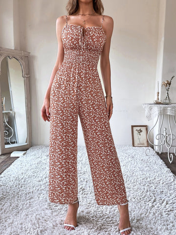 Ditsy Floral Tie Front Shirred Waist Cami Jumpsuit