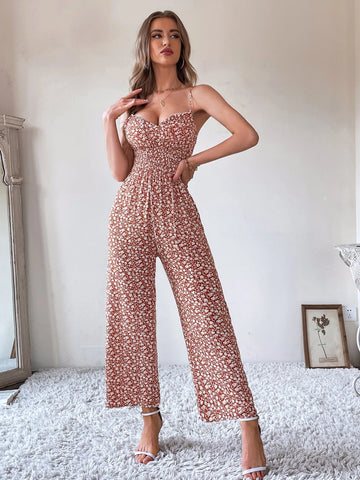 Ditsy Floral Tie Front Shirred Waist Cami Jumpsuit