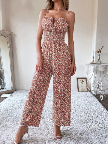 Ditsy Floral Tie Front Shirred Waist Cami Jumpsuit