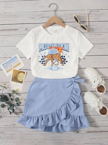 Girls Letter & Leopard Print Tee & Ruffle Trim Tie Side Wrap Skirt