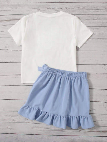 Girls Letter & Leopard Print Tee & Ruffle Trim Tie Side Wrap Skirt