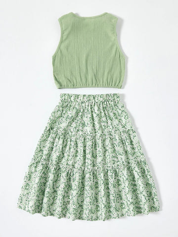 Girls Bow Patched Top And Ditsy Floral Skirt