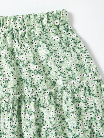 Girls Bow Patched Top And Ditsy Floral Skirt