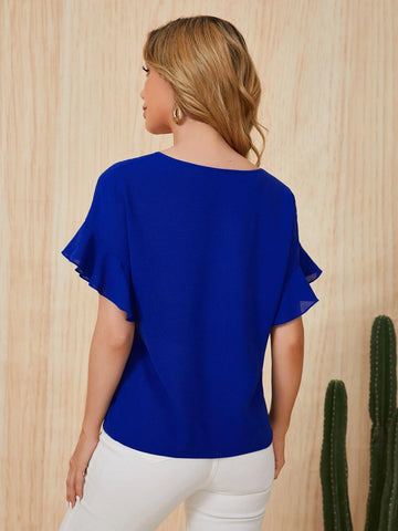 Notched Neck Ruffle Sleeve Blouse