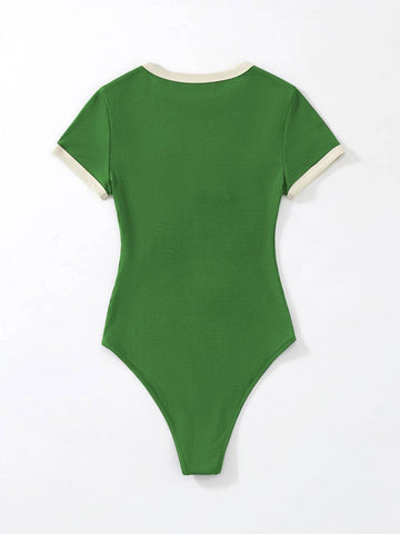 Slogan Graphic Contrast Trim Bodysuit