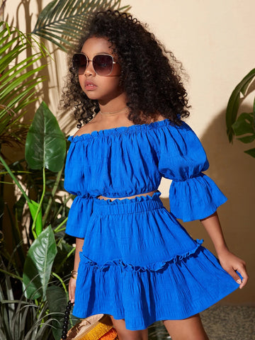 Girls Off The Shoulder Puff Sleeve Lettuce Trim Blouse & Ruffle Hem Skirt